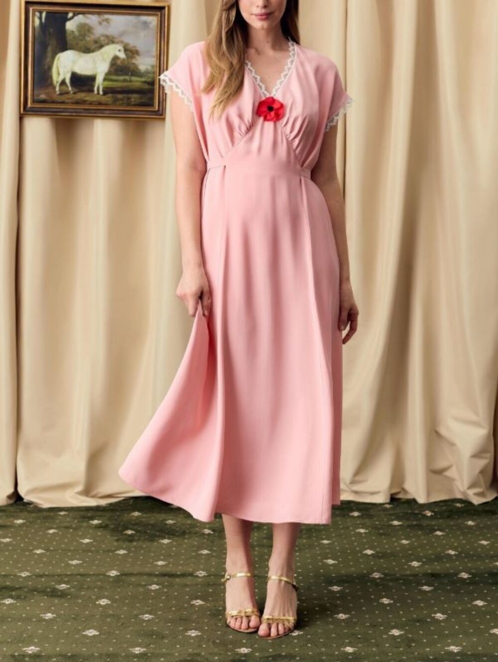 NWT Sleeper Poppi pink satin midi dress with bow and lace, small